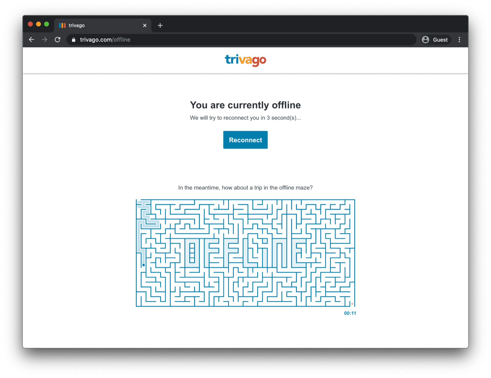 La page hors connexion de trivago et le labyrinthe hors connexion de trivago