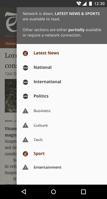 테일피스에는 오프라인으로 사용할 수 있는 섹션을 보여주는 시각적 표시기가 있습니다.