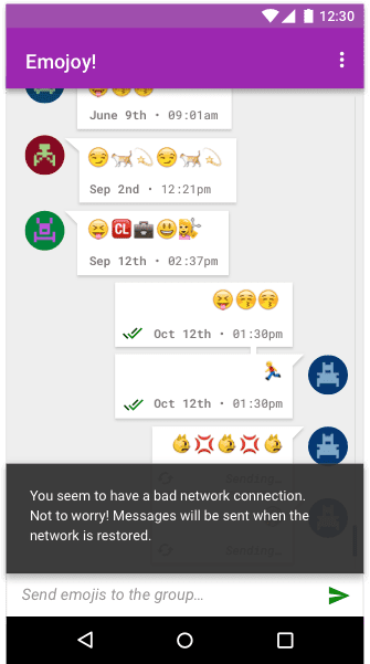 O app de mensagens de emojis Emojoy informando ao usuário quando ocorre uma mudança de estado.