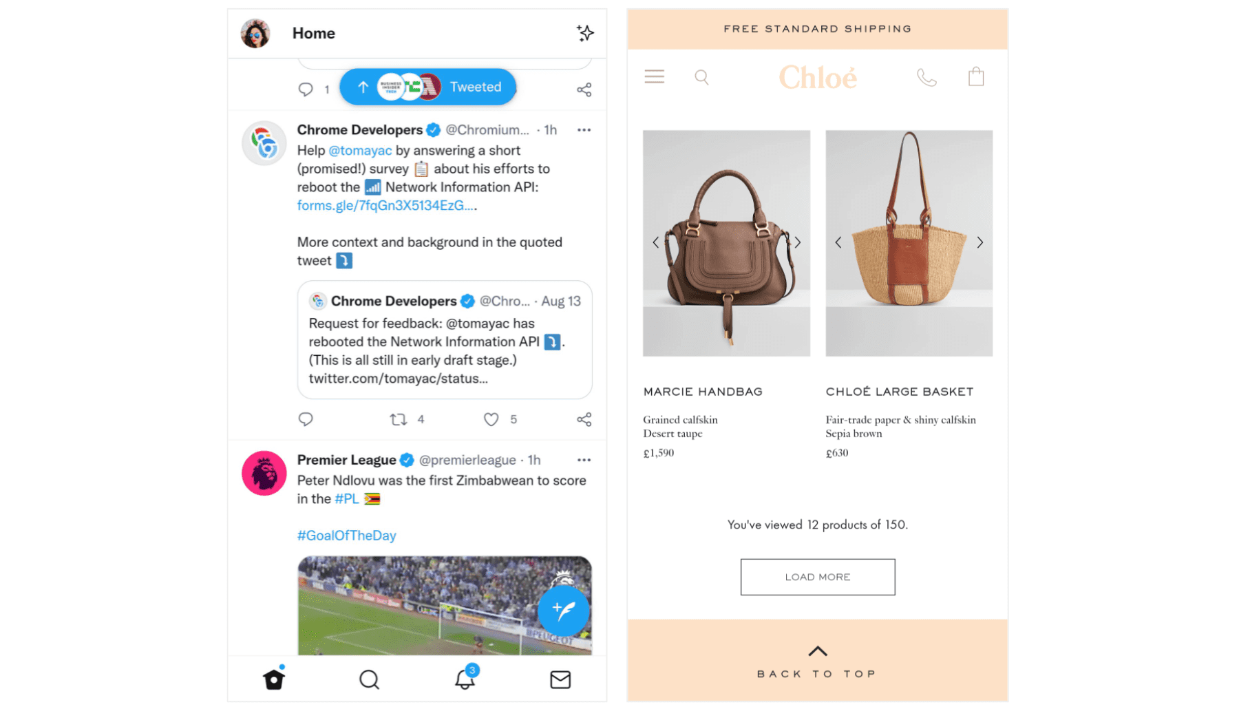Esempi di caricamento di contenuti dinamici senza causare spostamenti imprevisti del layout da Twitter e dal sito web di Chloé