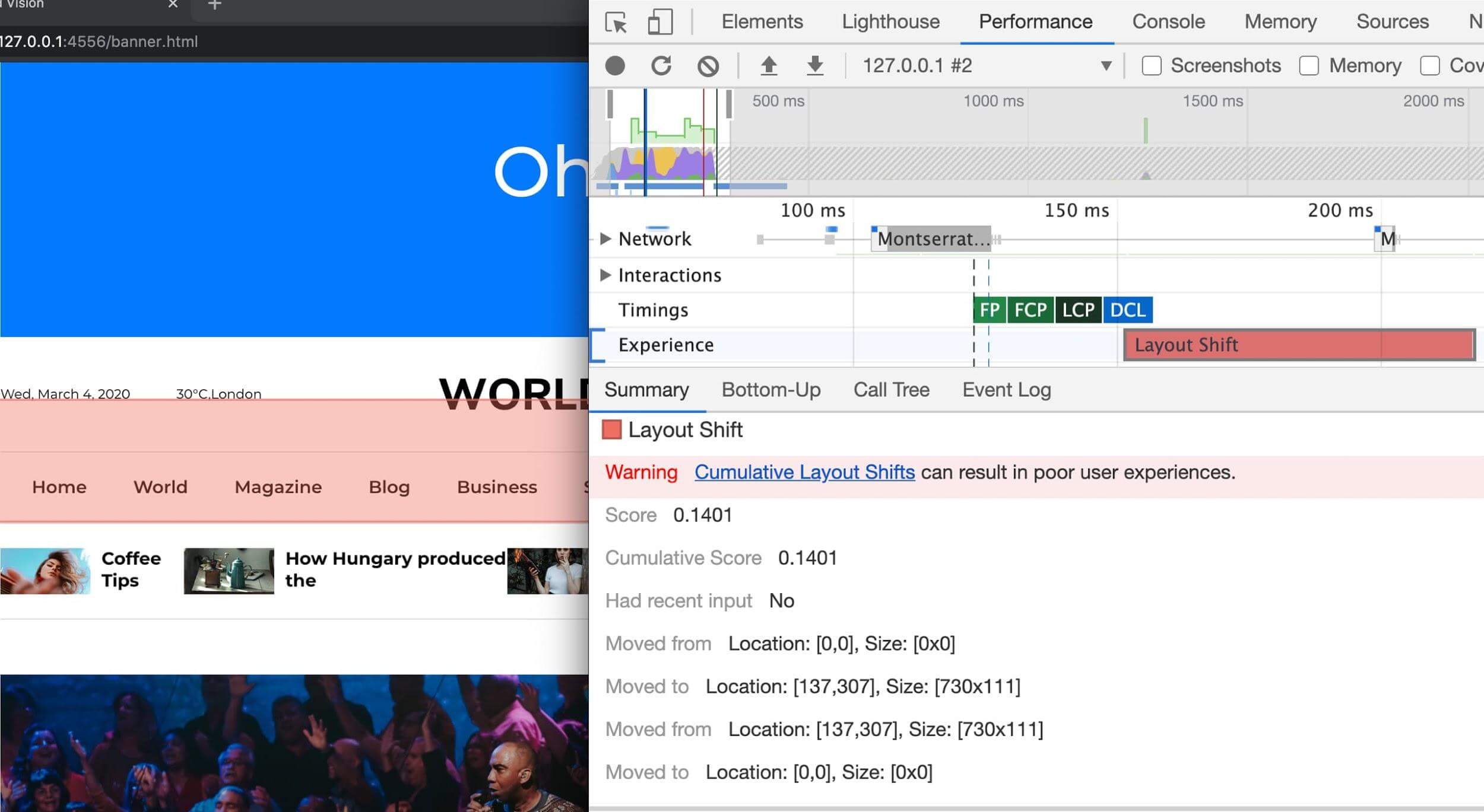 ระเบียน Layout Shift แสดงอยู่ในแผงประสิทธิภาพของ Chrome DevTools เมื่อขยายส่วนประสบการณ์