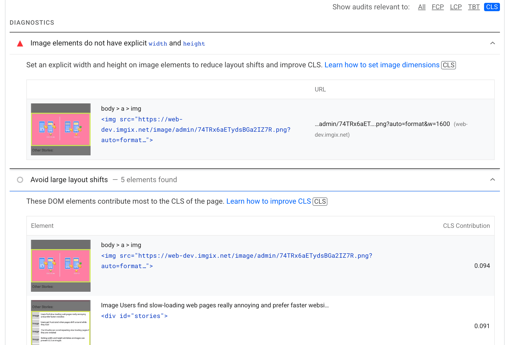 Lighthouse-Screenshot mit den CLS-Prüfungen, die weitere Informationen zur Identifizierung und Behebung von CLS-Problemen enthalten