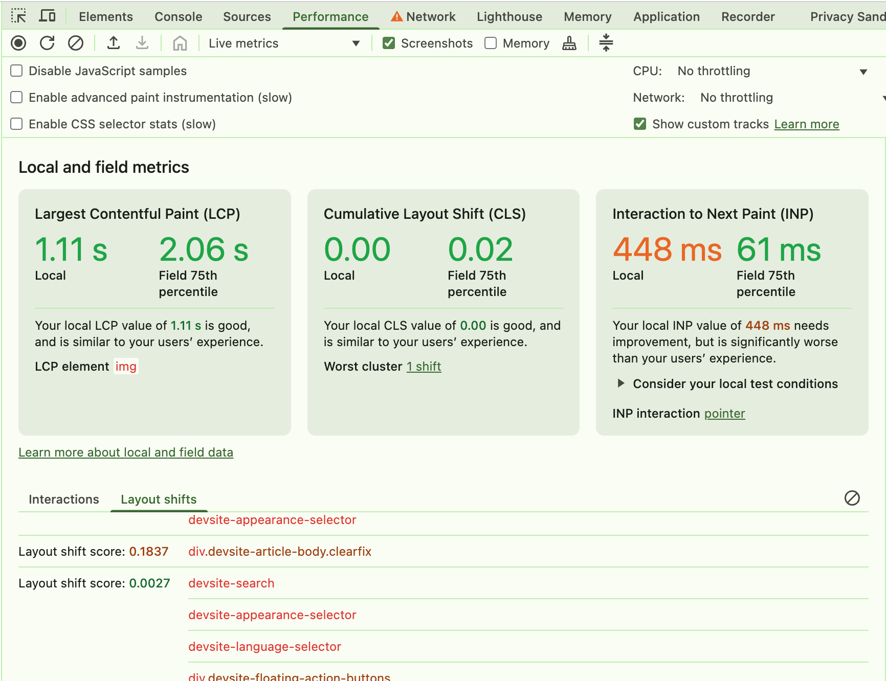 Chrome DevTools 성능 패널의 실시간 측정항목 화면에 표시되는 레이아웃 시프트 기록