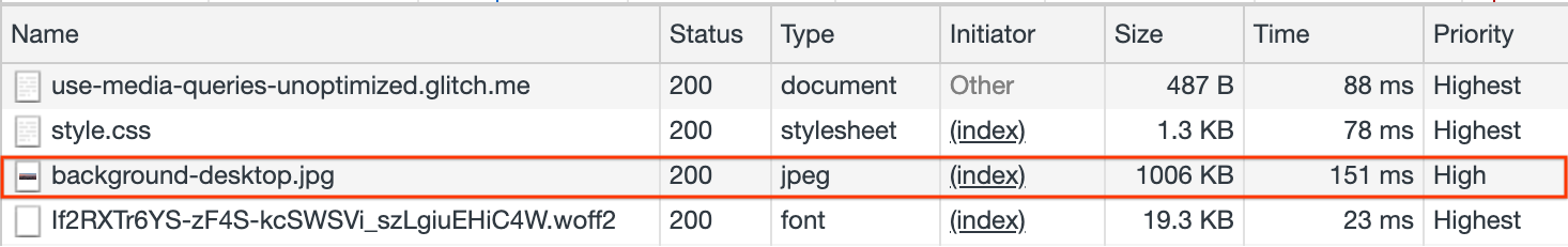 ऑप्टिमाइज़ नहीं की गई बैकग्राउंड इमेज के लिए DevTools नेटवर्क ट्रेस.