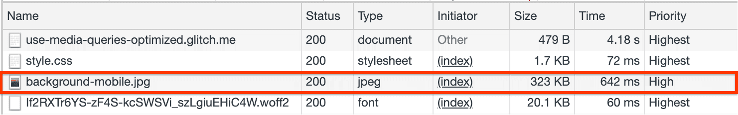 Dấu vết mạng trong DevTools cho hình nền được tối ưu hoá.