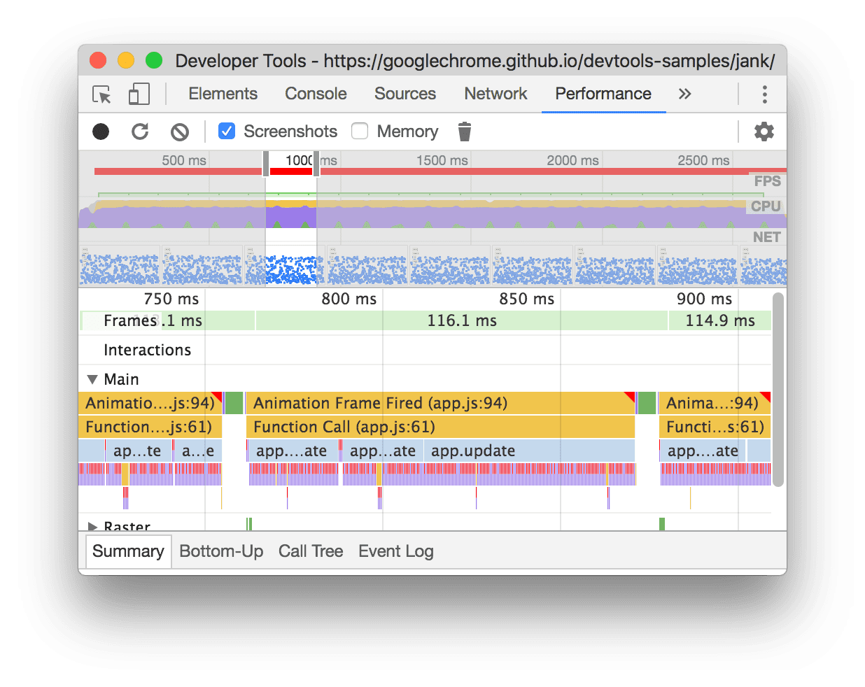 A performance recording in Chrome DevTools