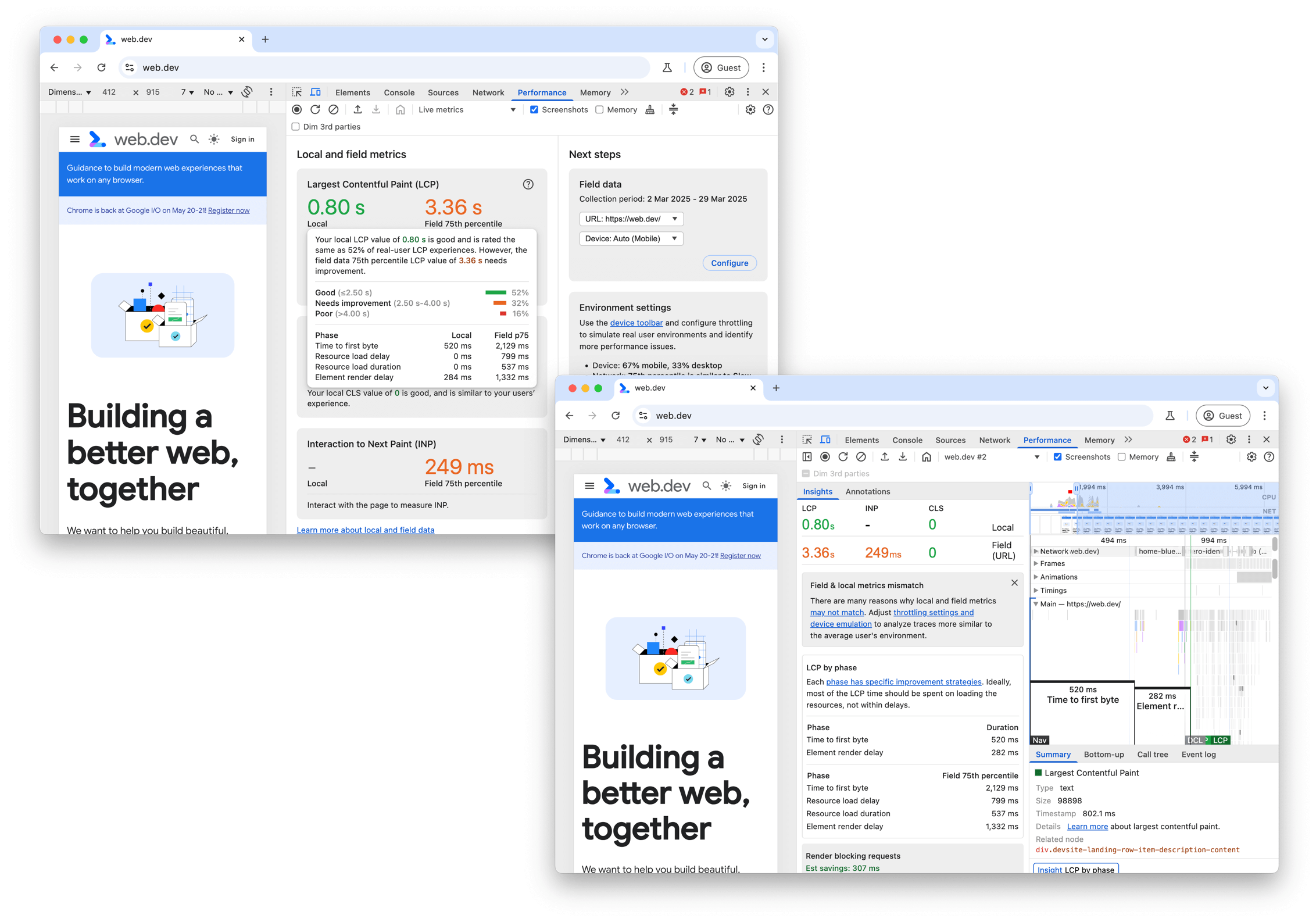 LCP local e de campo no painel "Performance" do Chrome DevTools