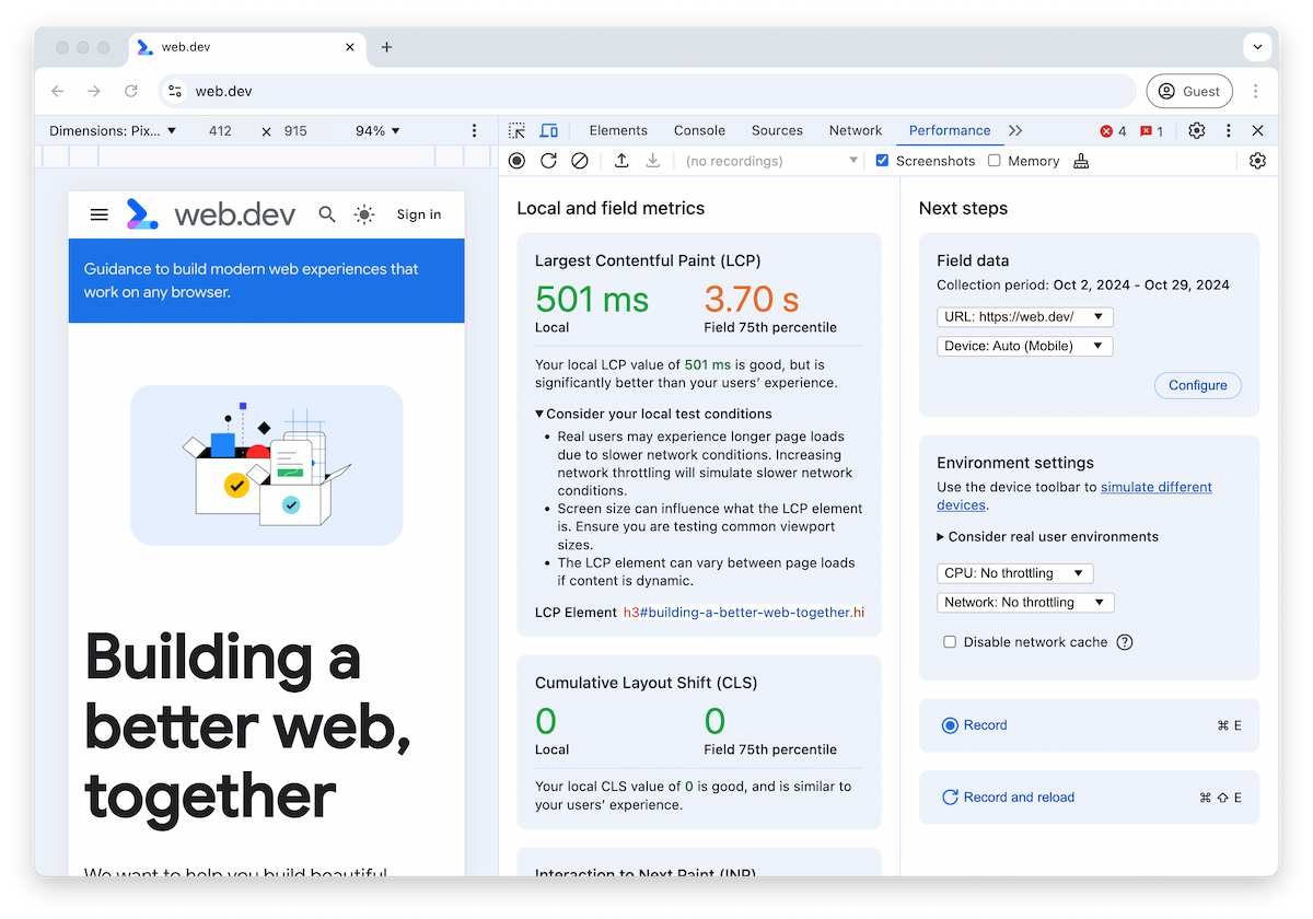 LCP local e de campo no painel Performance do Chrome DevTools