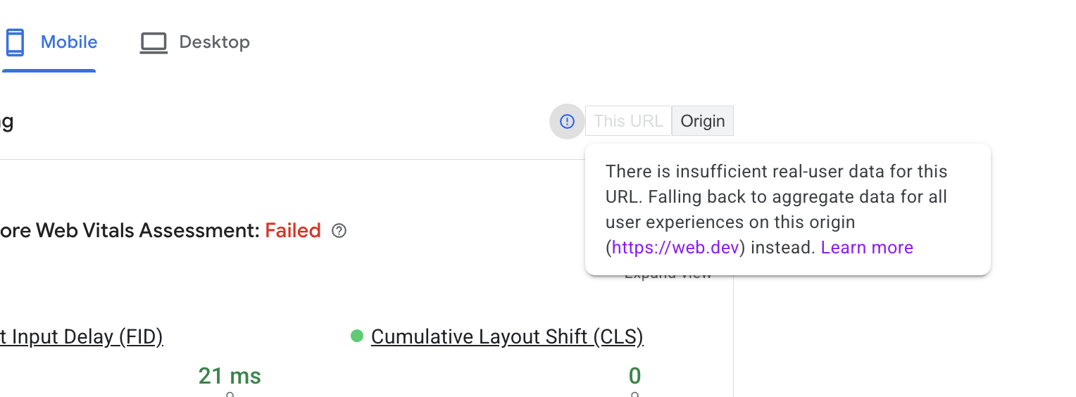 PageSpeed Insight's falling back to origin-level data where url-level data is not available