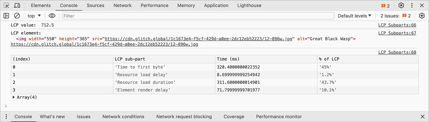 Os tempos de subcategoria da LCP, assim como a porcentagem de LCP, impressos no console