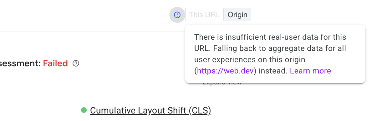 PageSpeed Insight recurre a los datos de nivel de origen en los que no hay datos de nivel de URL disponibles
