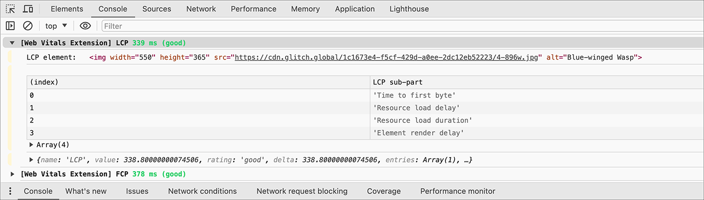 Capture d&#39;écran de la journalisation de la console de l&#39;extension Web Vitals montrant les codes temporels des sous-parties du LCP
