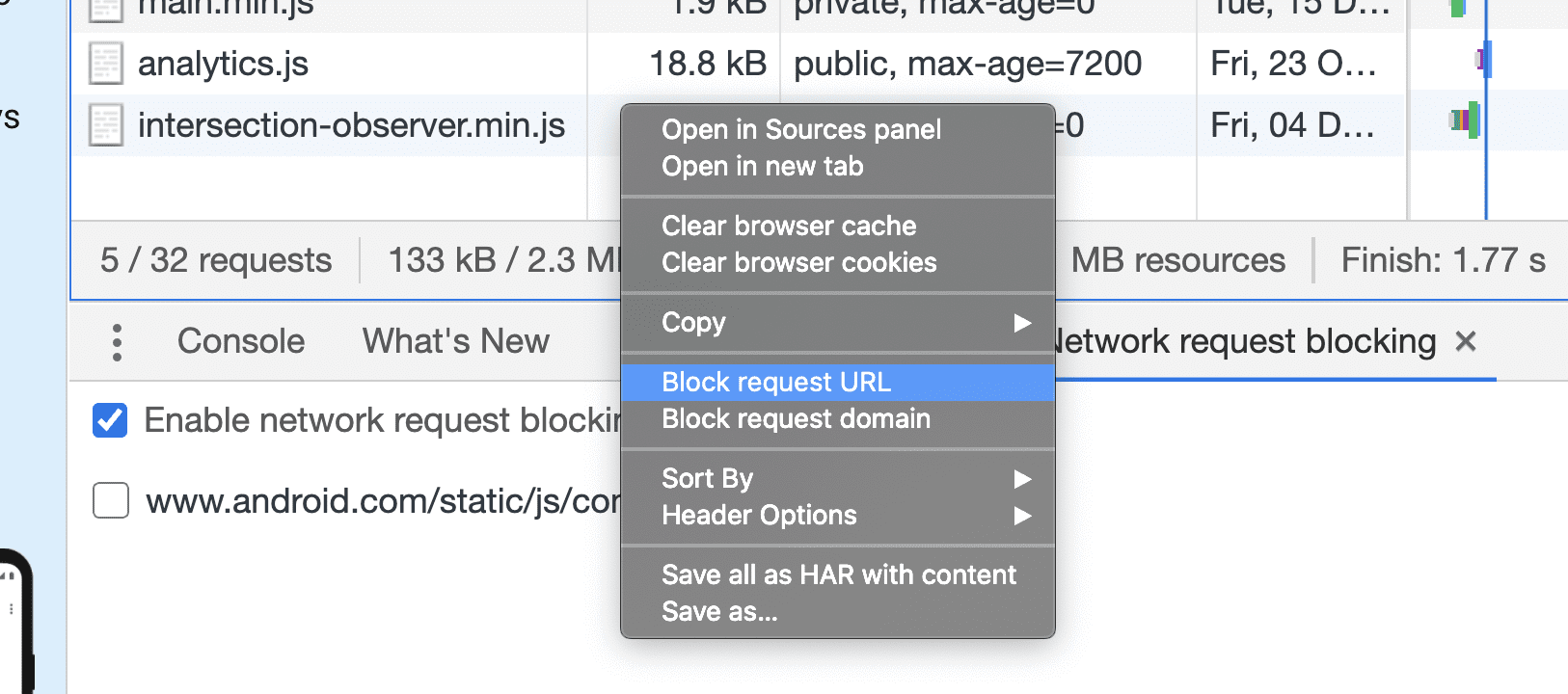 Блокировать URL-адреса запросов в DevTools