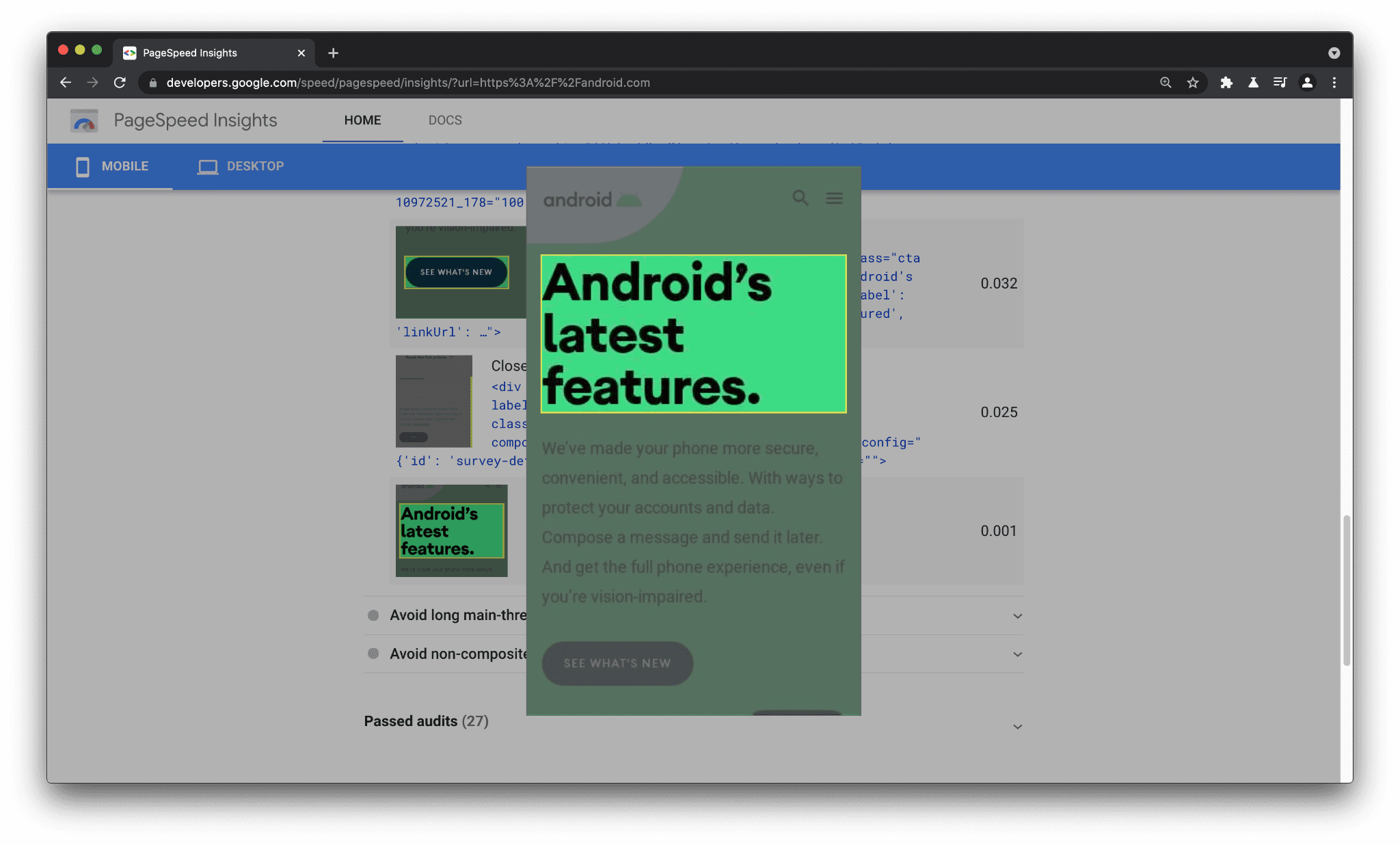 Element Screenshots highlighting the DOM node contributing to layout shift in the page