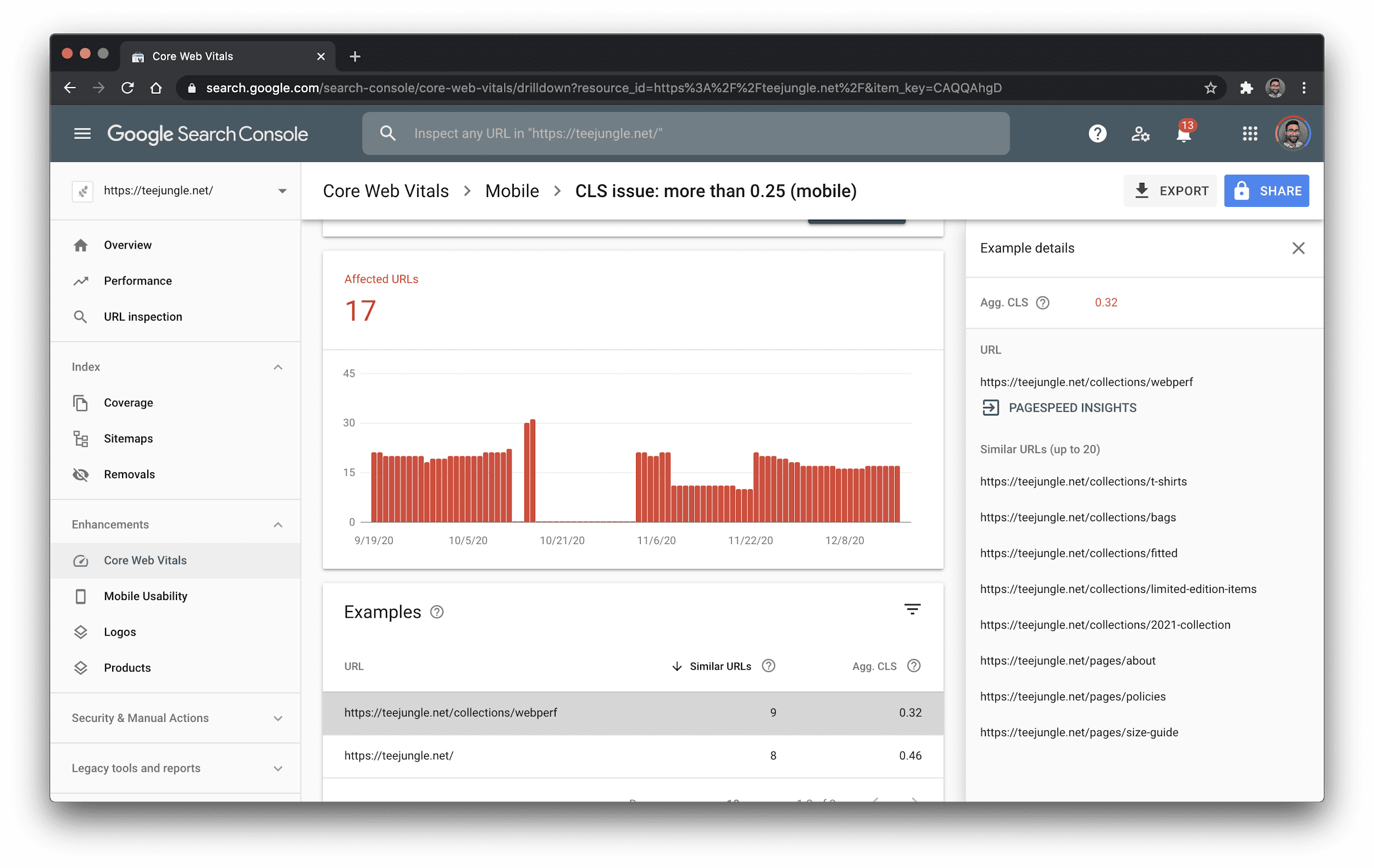 Search Console displaying CLS issues