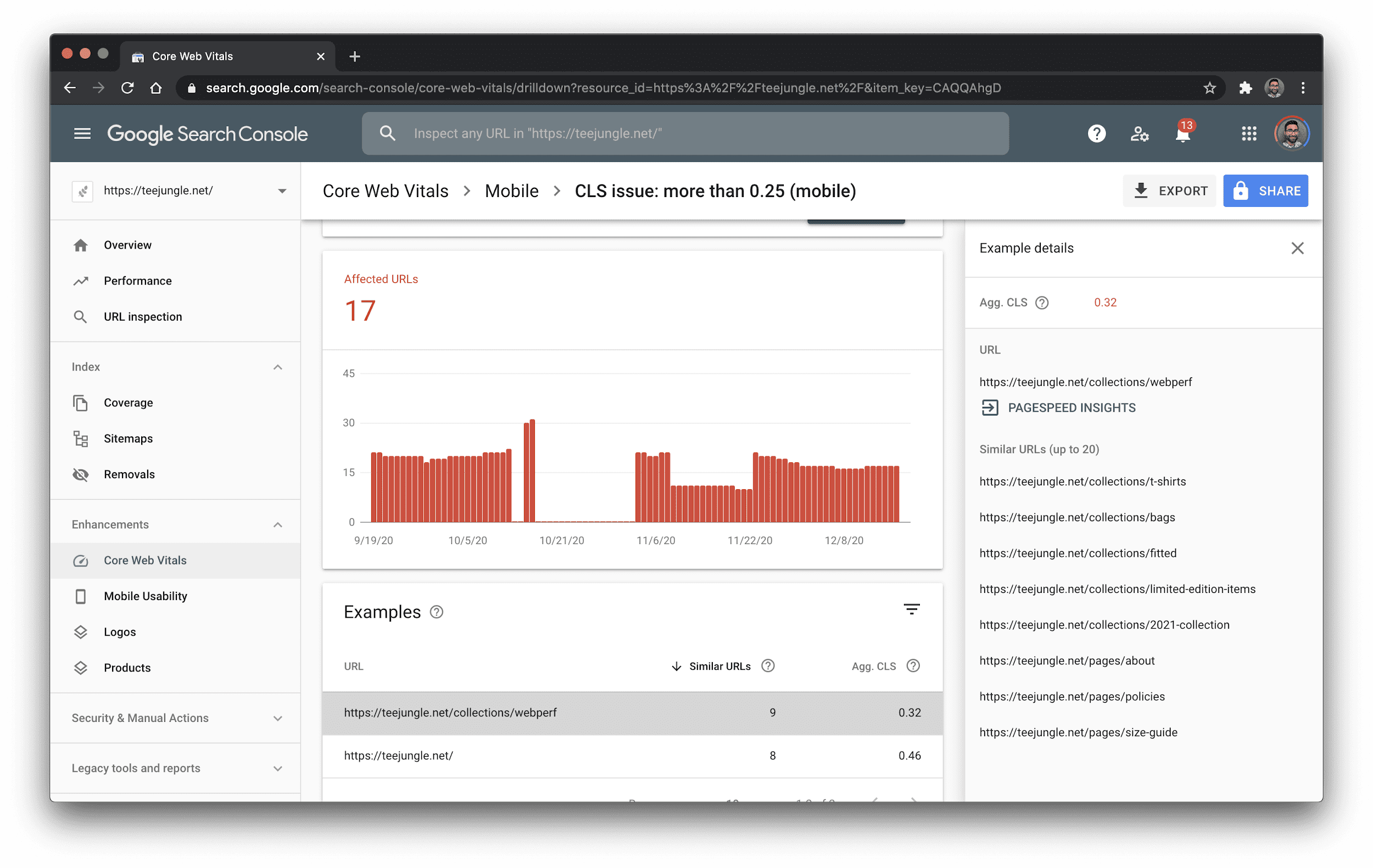 Search Console'da CLS sorunları gösteriliyor
