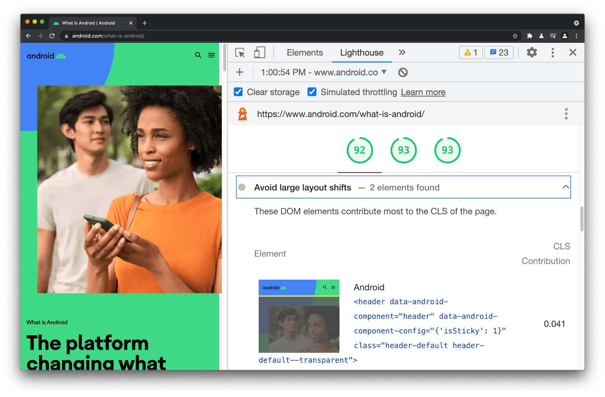 A auditoria "Evitar grandes mudanças de layout" no Lighthouse destaca os nós DOM relevantes que contribuem para o CLS.