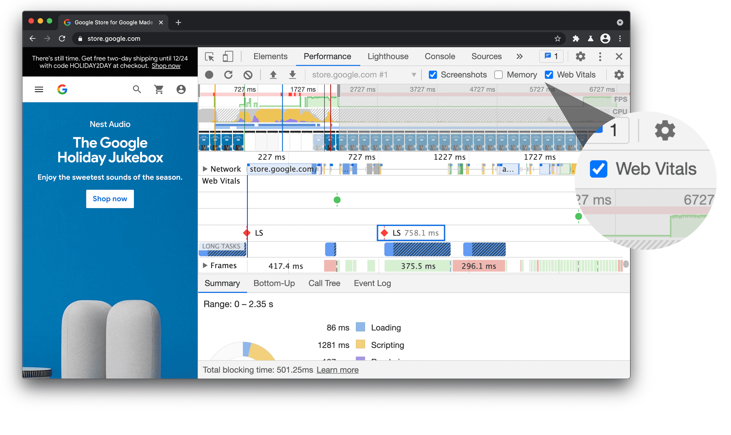 השורה של Web Vitals בחלונית הביצועים של devtools