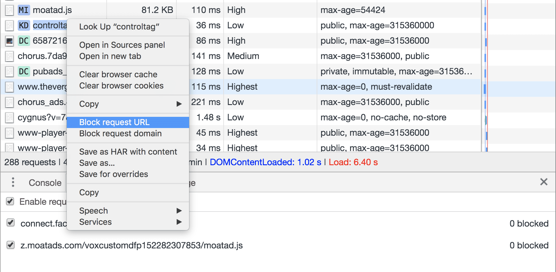 Block request URLs from the DevTools network
panel