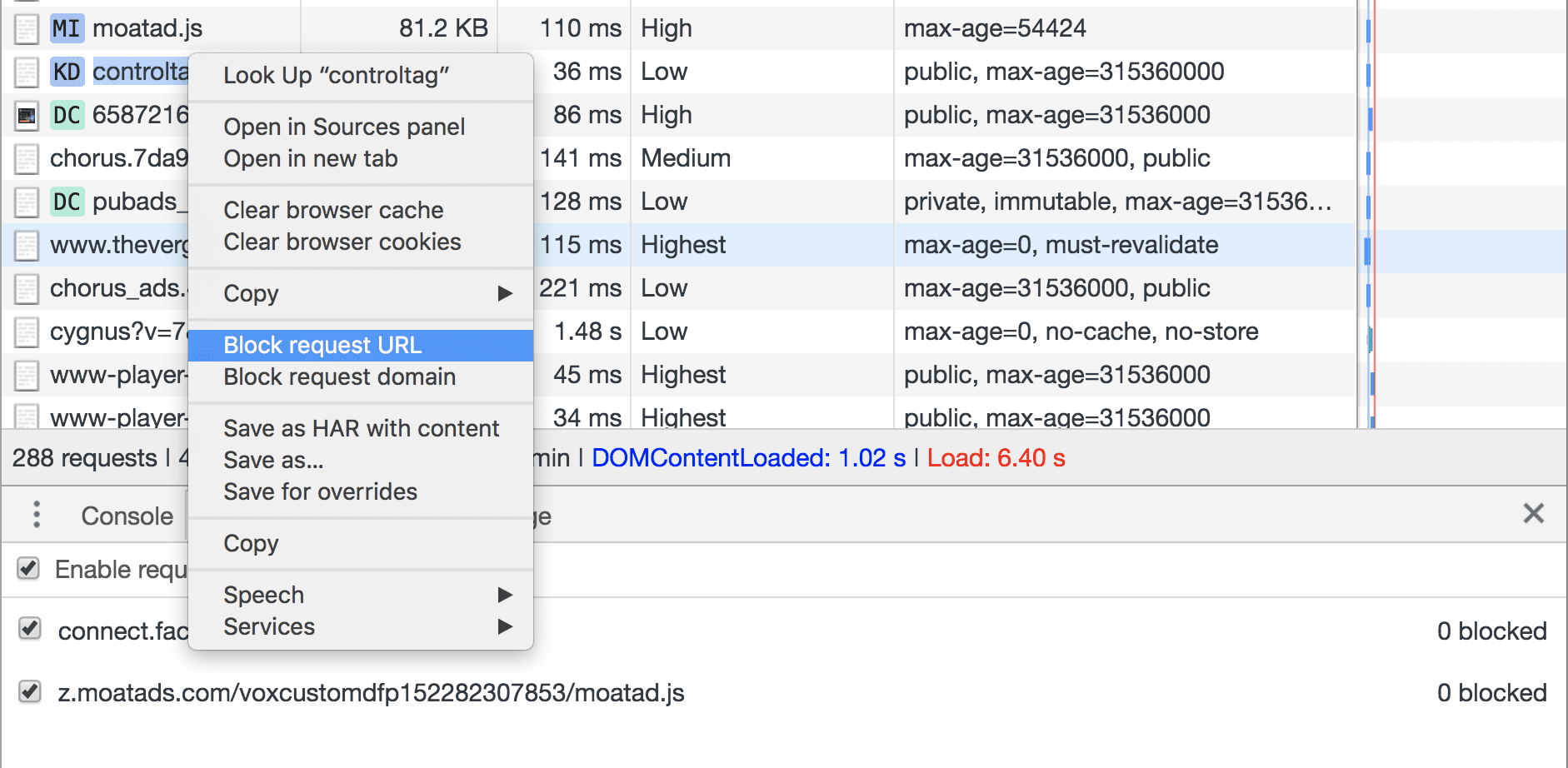 DevTools 네트워크 패널에서 요청 URL 차단