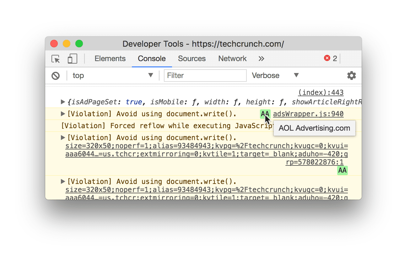 Avvisi della console DevTools che evidenziano
le violazioni relative a un incorporamento di terze parti utilizzando document.write()