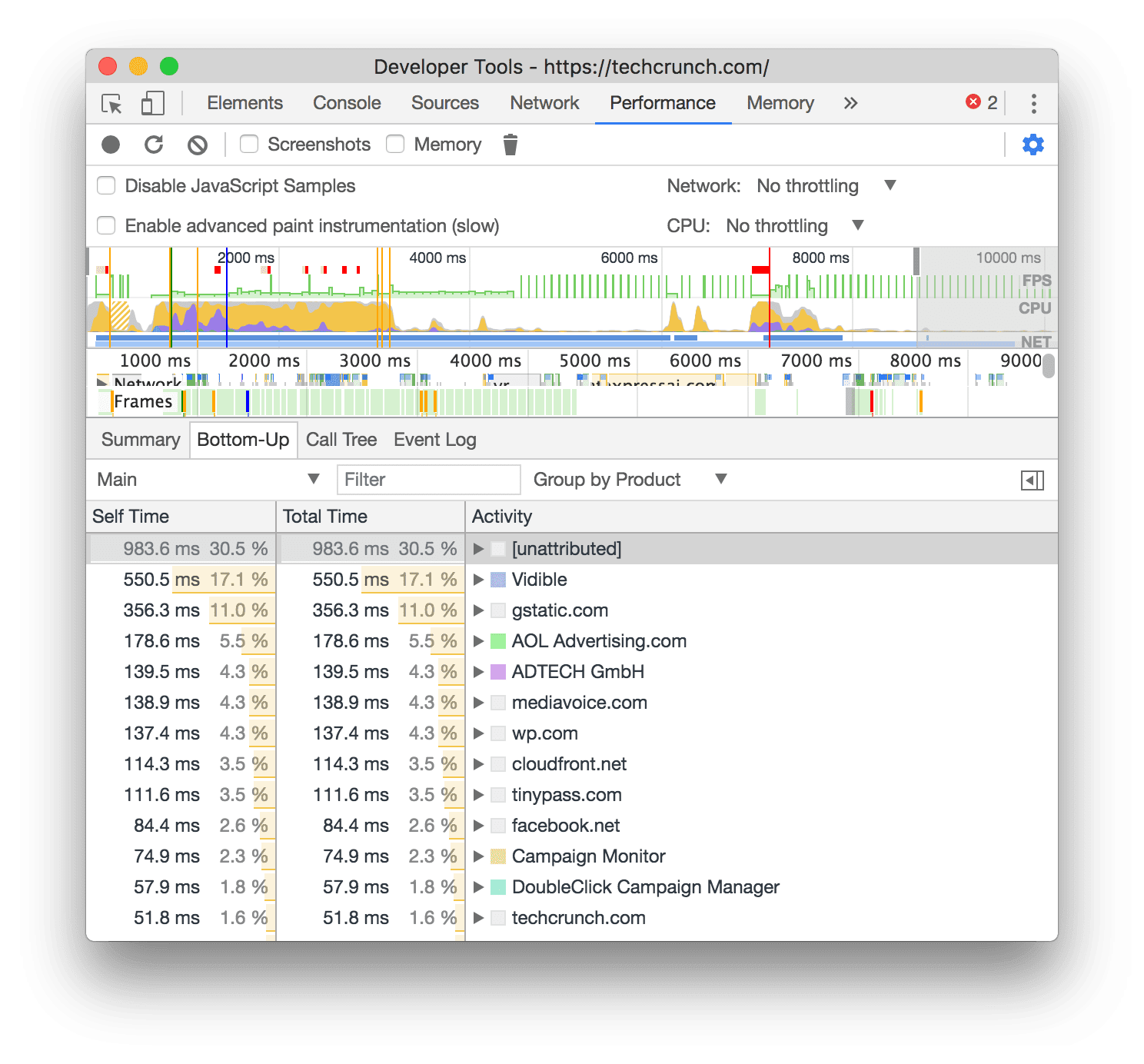 DevTools Performance panel showing the
Bottom-up view grouped by (third-party) products