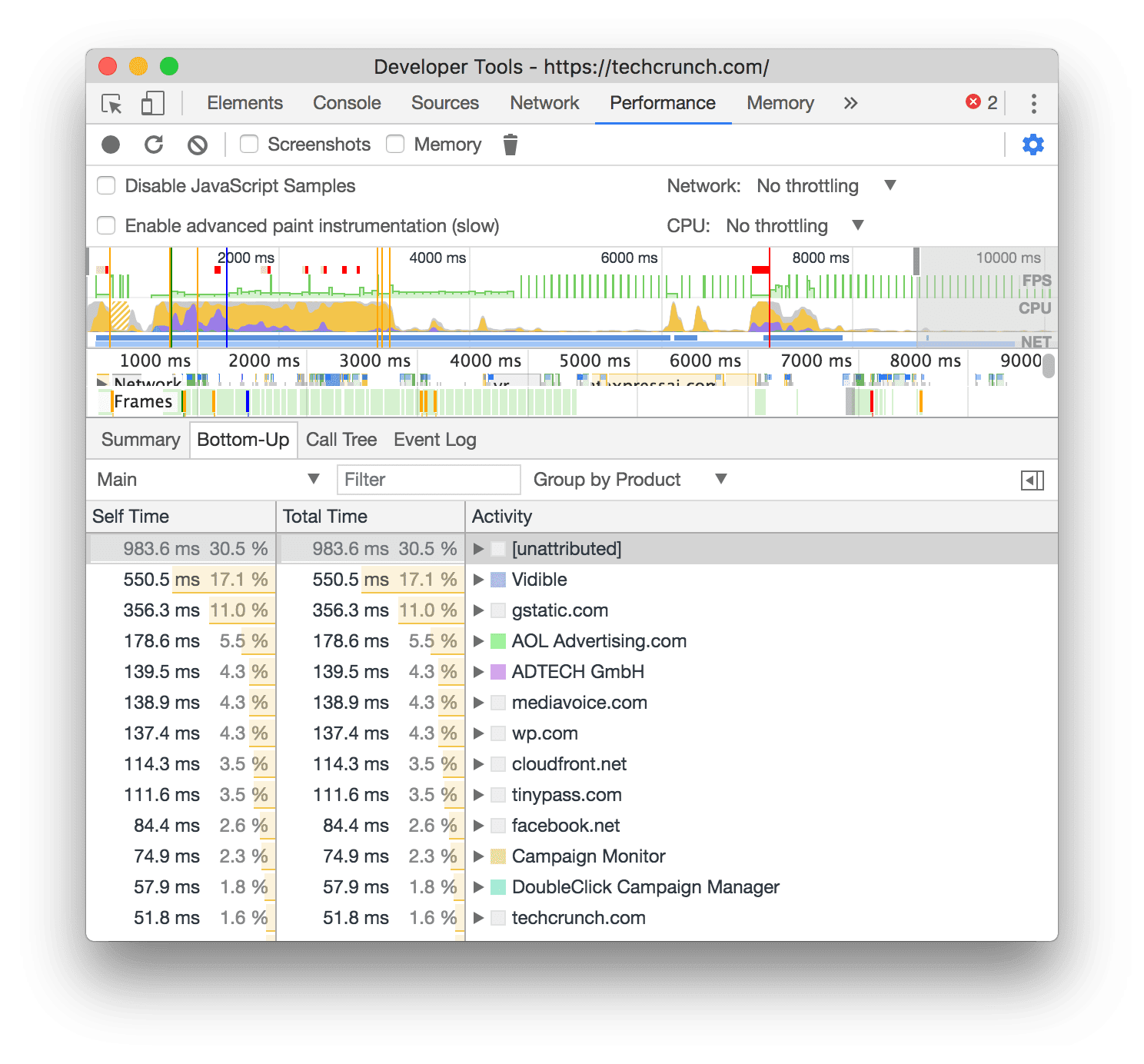 Panneau "Performances" des outils de développement affichant la vue ascendante groupée par produits (tiers)