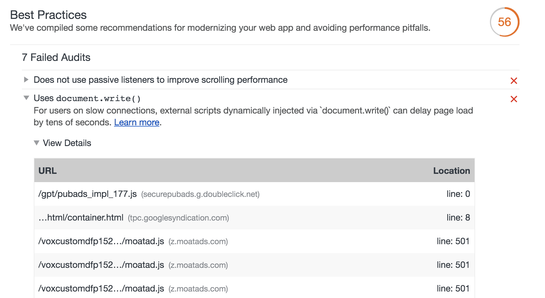 La auditoría de prácticas recomendadas de Lighthouse marca el uso de document.write().