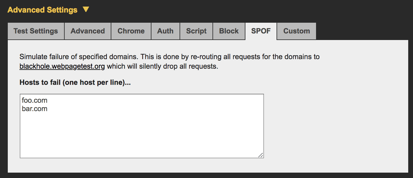 Erweiterte Einstellungen von WebPageTest > SPOF > Hosts tofail