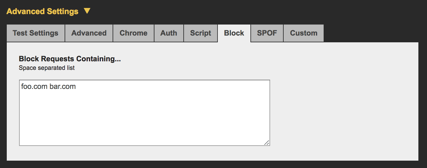 تنظیمات پیشرفته WebPageTest < مسدود کردن. یک ناحیه متنی را برای تعیین دامنه هایی برای مسدود کردن نمایش می دهد.