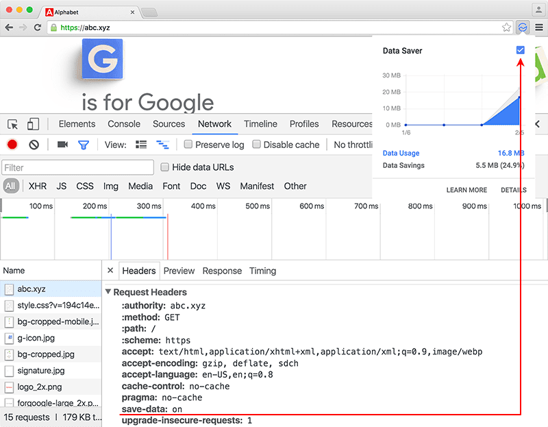 데이터 절약 모드 확장 프로그램과 함께 표시된 Chrome의 개발자 도구에 표시된 Save-Data 헤더