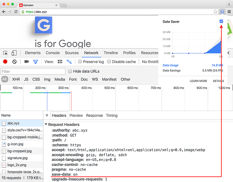 L&#39;intestazione Salva dati mostrata negli Strumenti per sviluppatori di Chrome mostrata insieme all&#39;estensione Risparmio dati.