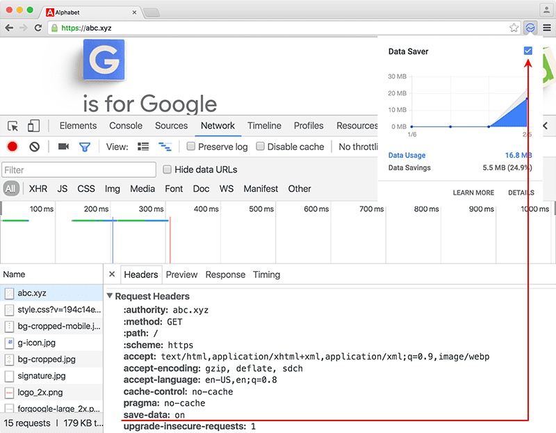 Chrome&#39;un Geliştirici Araçları&#39;nda gösterilen Save-Data başlığı, Veri Tasarrufu uzantısıyla birlikte gösteriliyor.