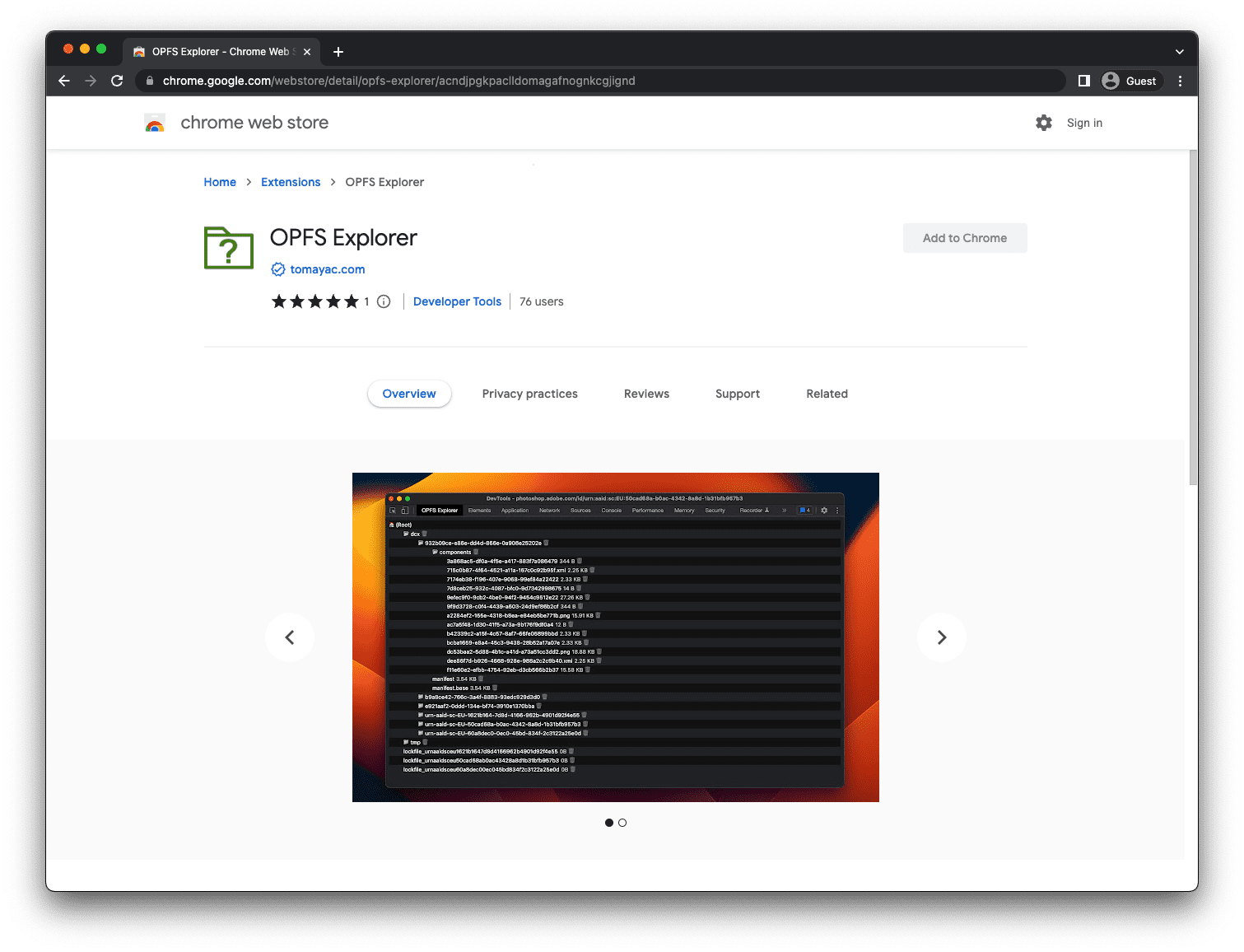 Chrome 線上應用程式商店中的 OPFS Explorer Chrome 開發人員工具擴充功能。