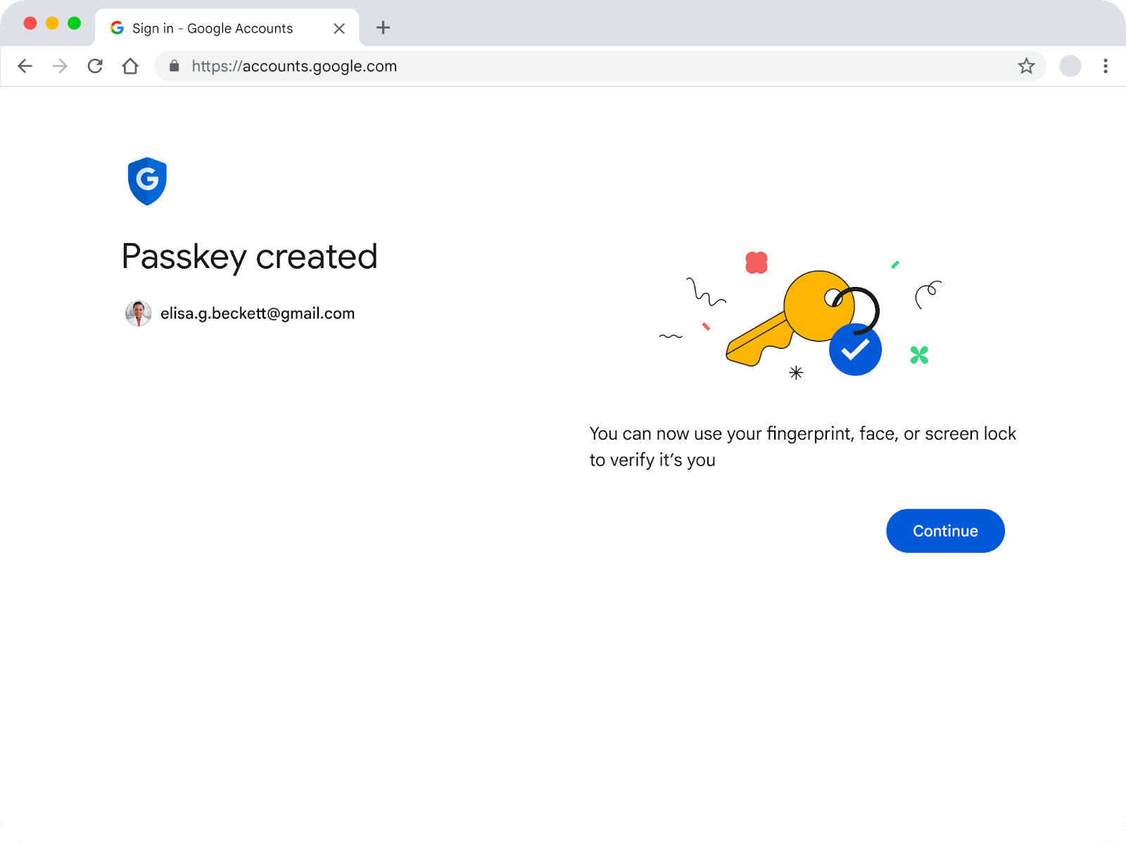 Sobald der Passkey erstellt wurde, sehen Nutzer diese Seite