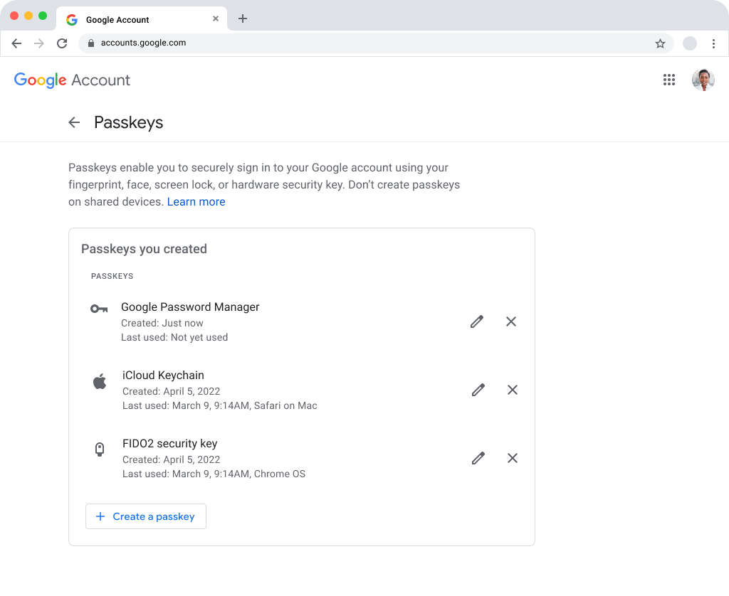 Passkeys management page in the Google Account