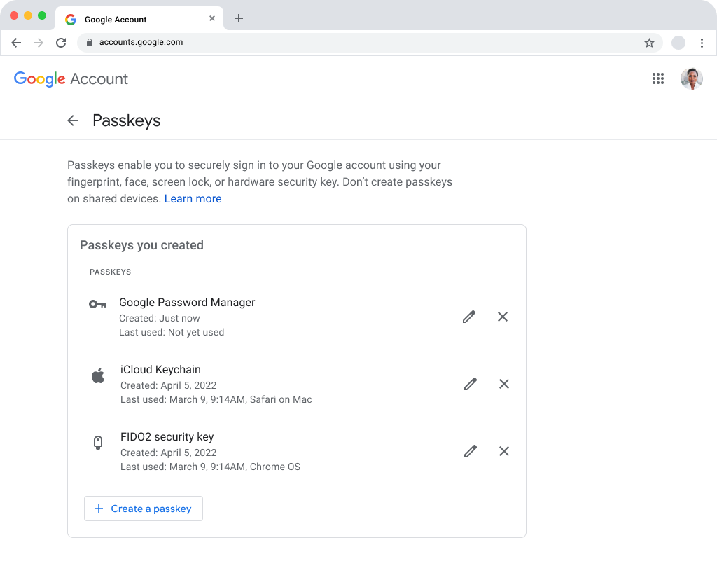 Pagina di gestione delle passkey nell'Account Google
