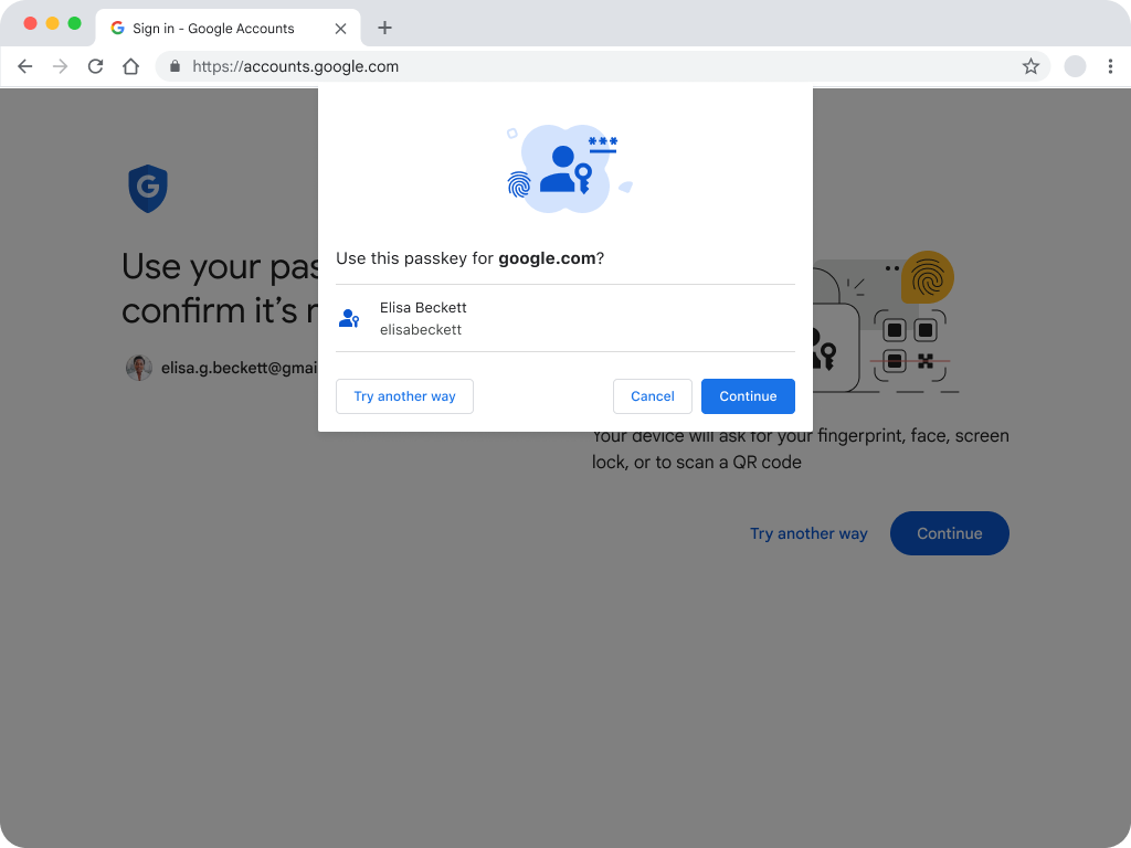 O usuário vai usar essa interface do WebAuthn para fazer login