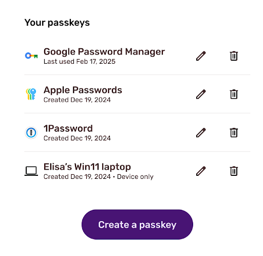 Example of a passkey management page showing good practices.