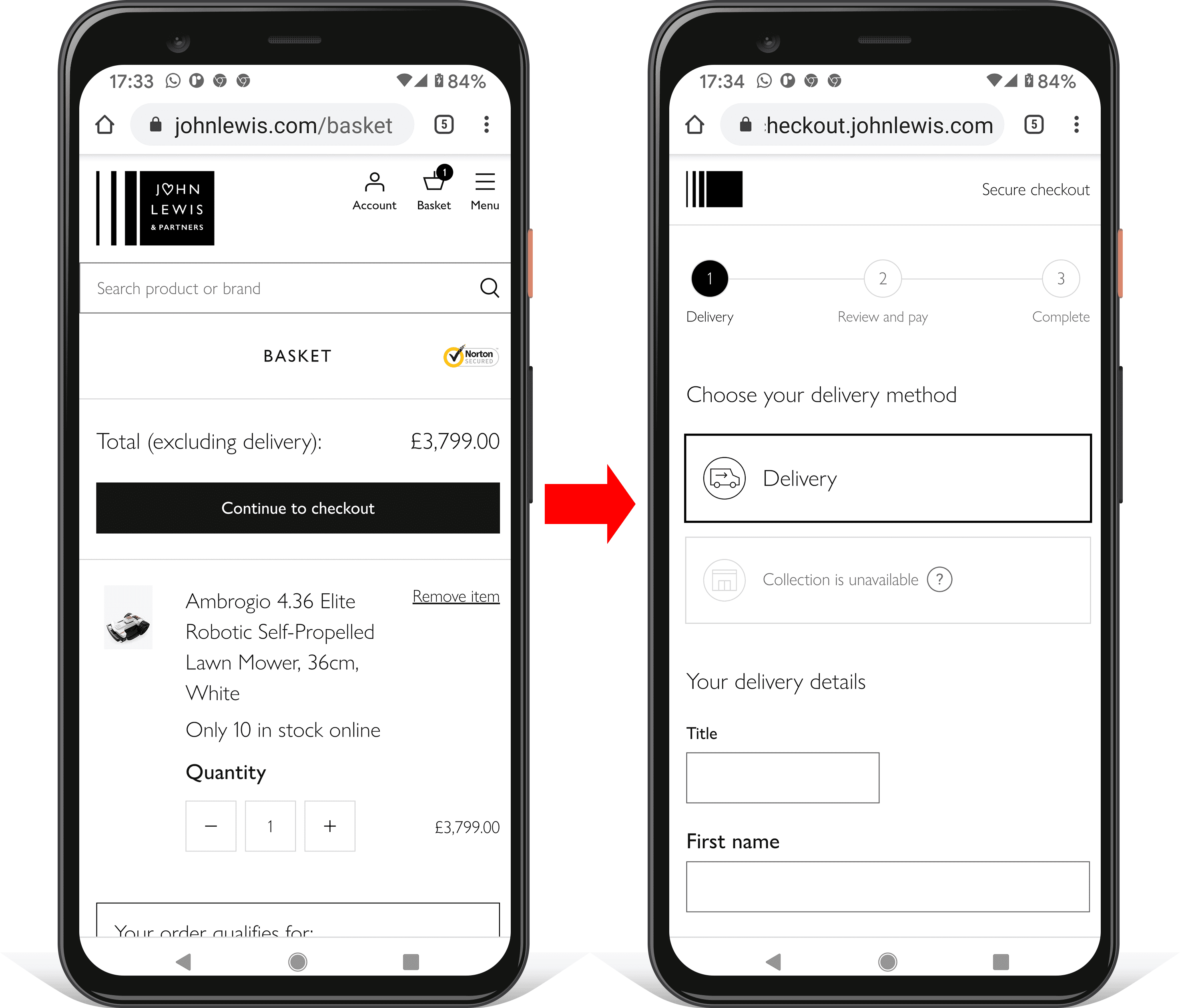Dos capturas de pantalla en dispositivos móviles que muestran el progreso a través de la compra en johnlewis.com. Se eliminan las distracciones de búsqueda, navegación y otras.
