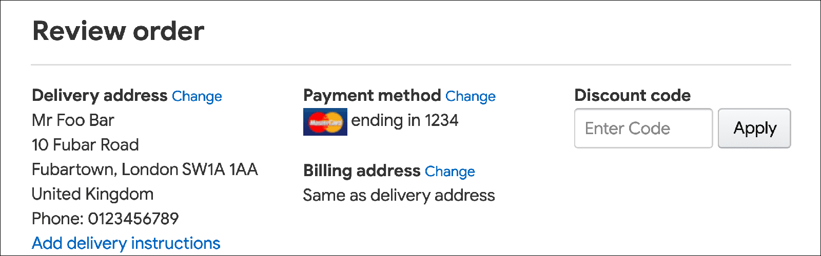 Ejemplo de página de pago que muestra el enlace para cambiar la dirección de facturación.