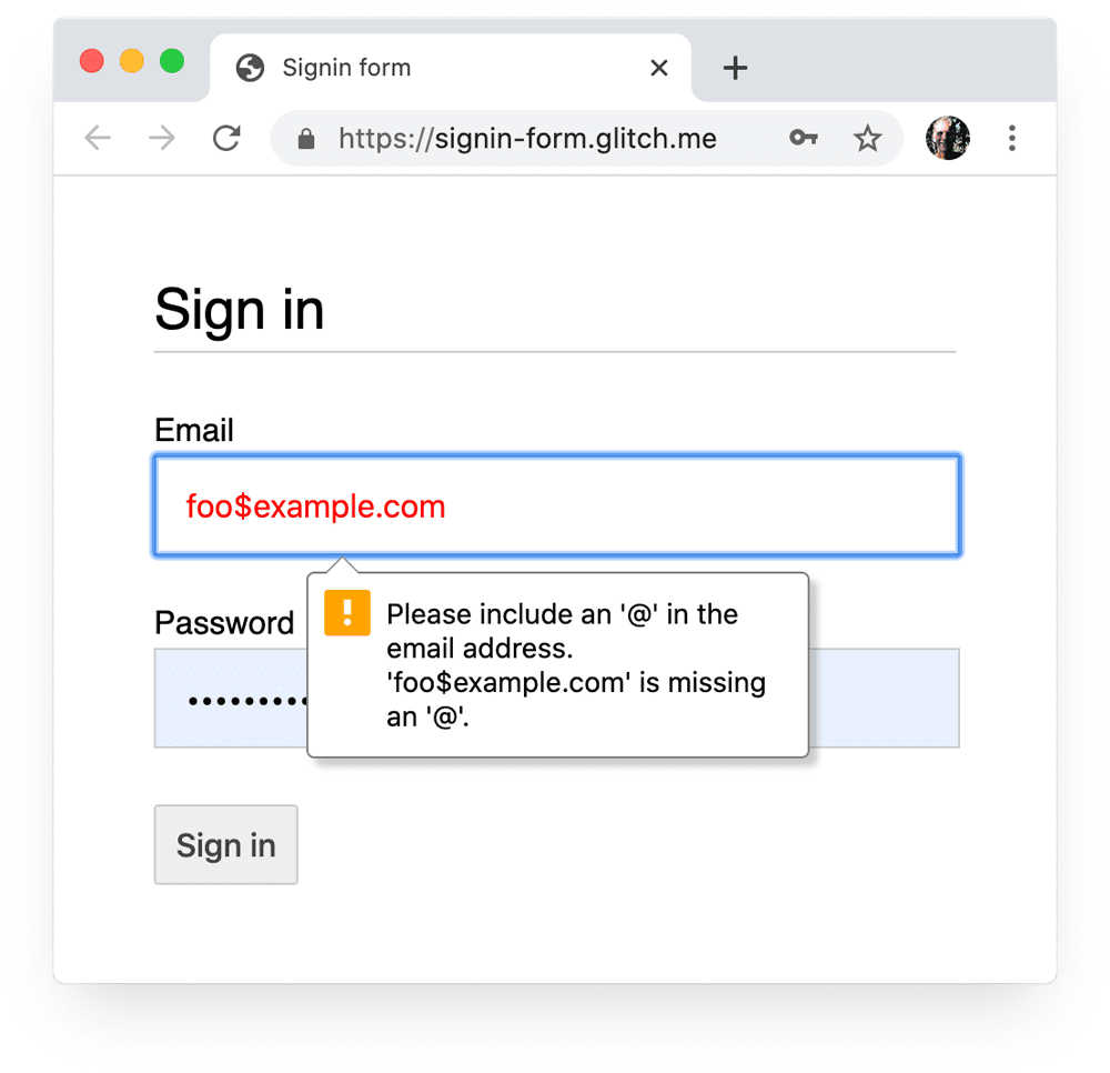 A sign-in form in Chrome on desktop showing browser prompt and focus for an invalid email value.