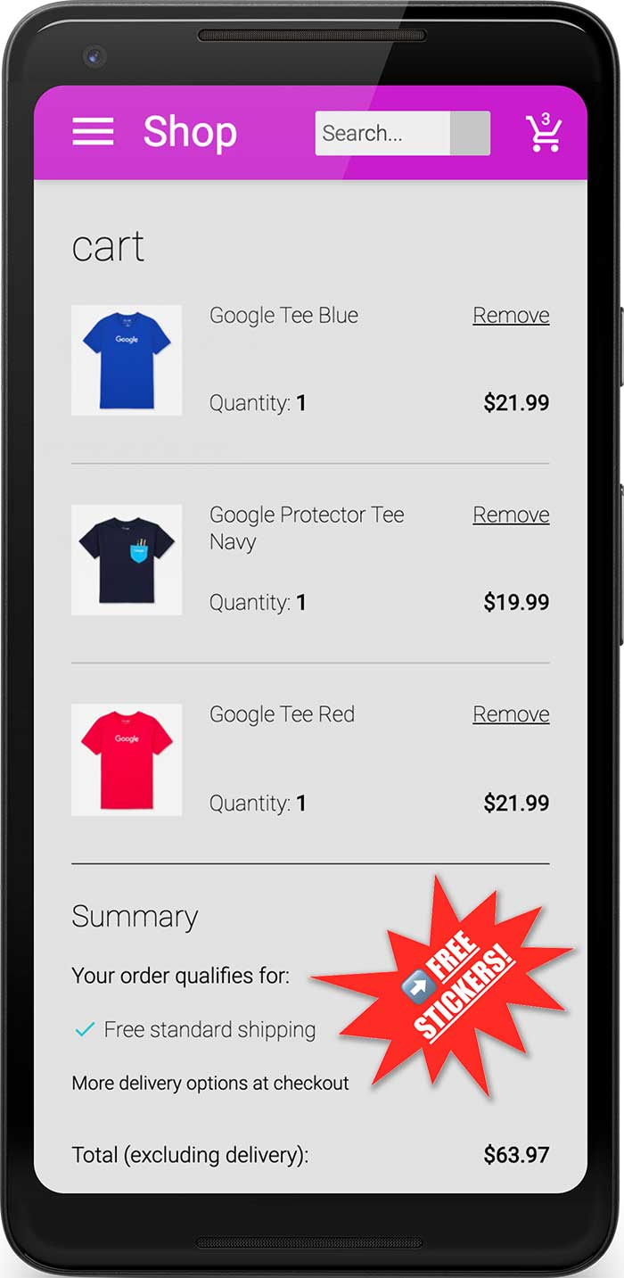 A checkout page on mobile showing distracting promotion for FREE STICKERS.