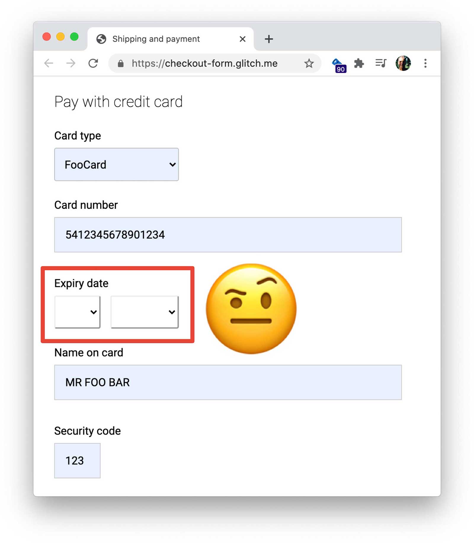 カードの有効期限のカスタム要素が表示され、自動入力が中断されている支払いフォーム。