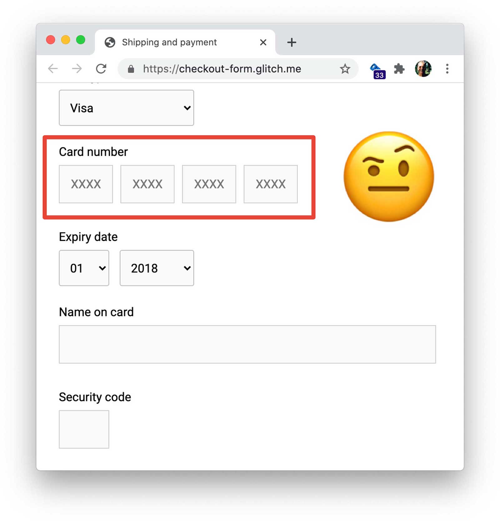 クレジット カード フィールドが 4 つの入力要素に分割されている支払いフォーム。