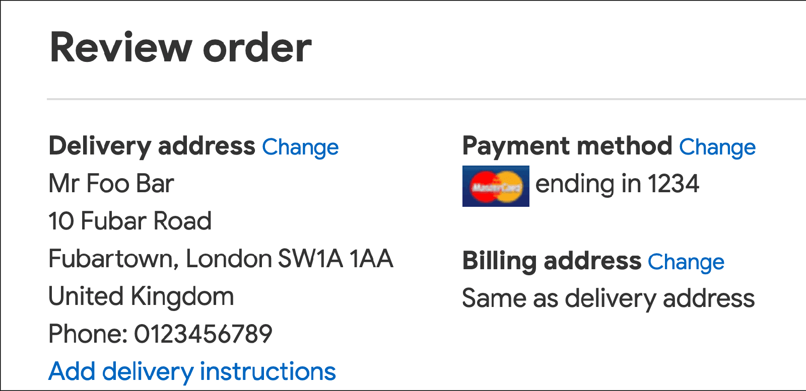 배송 주소, 결제 수단, 청구서 수신 주소를 변경할 수 있는 링크가 표시되지 않고 일반 텍스트로 텍스트가 표시된 결제 페이지의 &#39;주문 검토&#39; 섹션 스크린샷