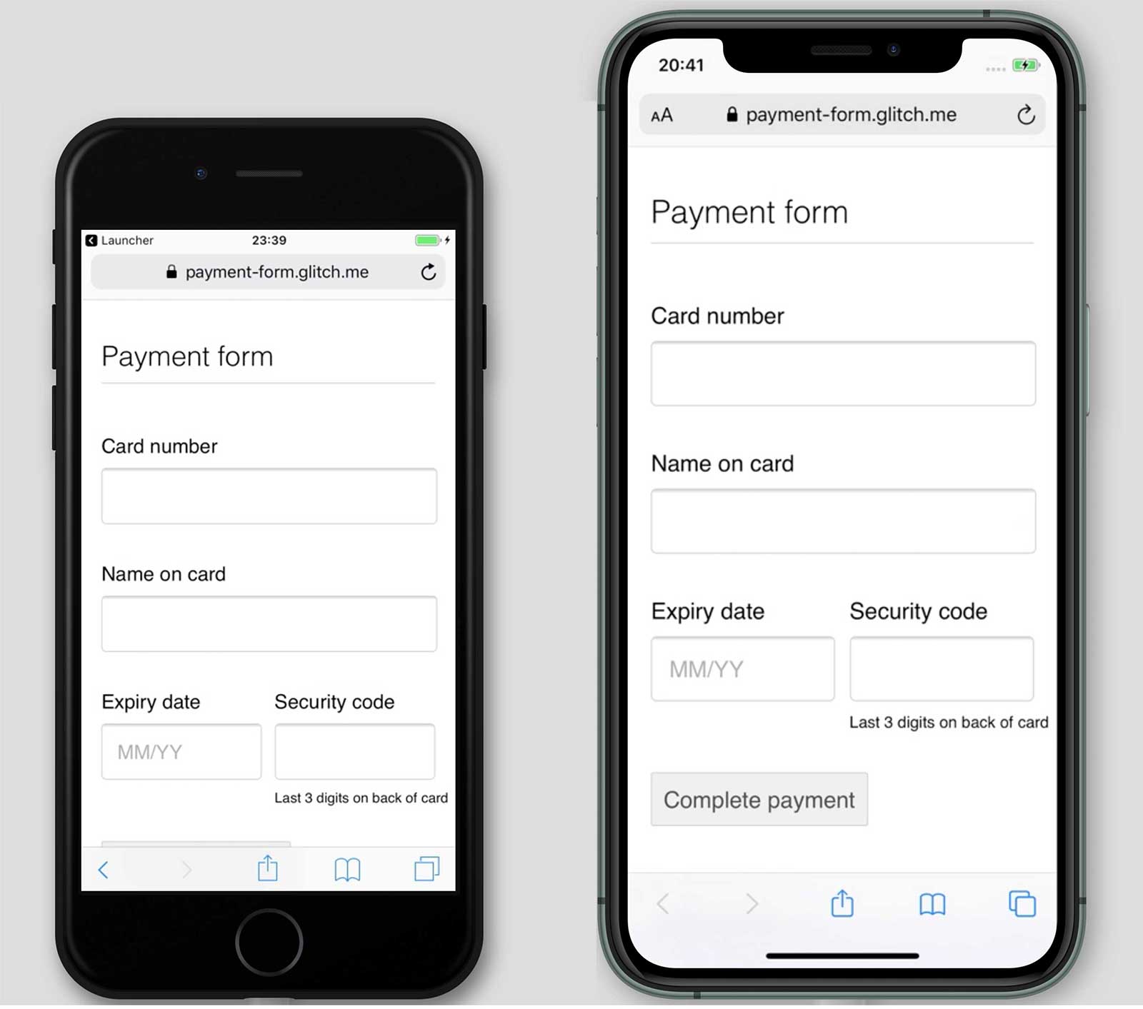 Screenshots of a payment form, payment-form.glitch.me, on iPhone 7 and 11. The Complete Payment button is shown on iPhone 11 but not 7