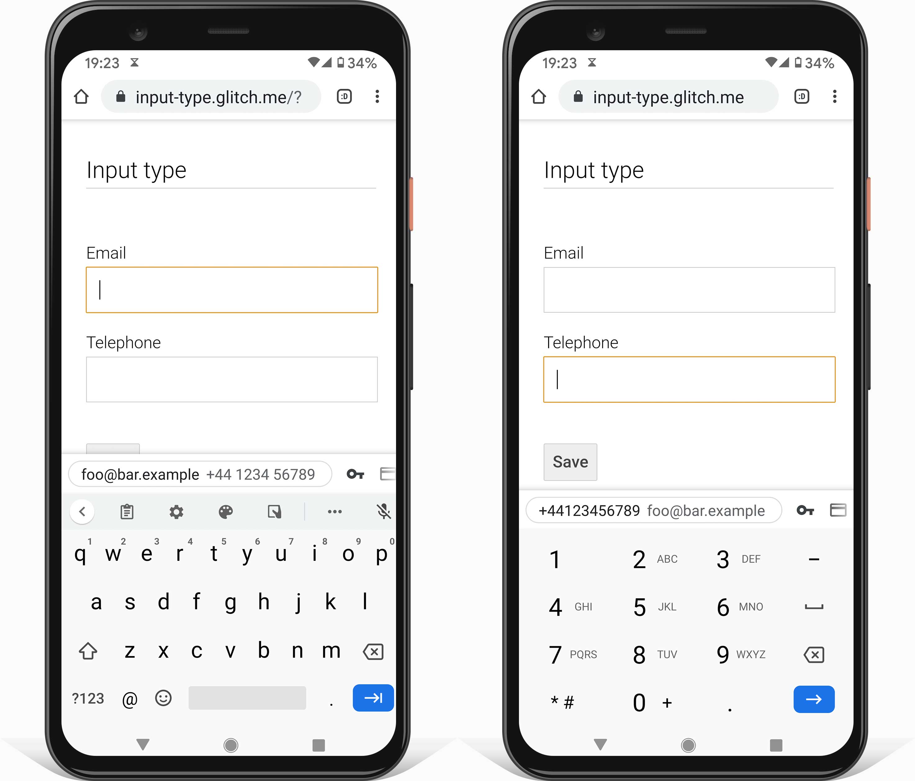 Android スマートフォンの 2 つのスクリーンショット。メールアドレスの入力に適したキーボード（type=email を使用）と、電話番号の入力に適したキーボード（type=tel を使用）が表示されています。