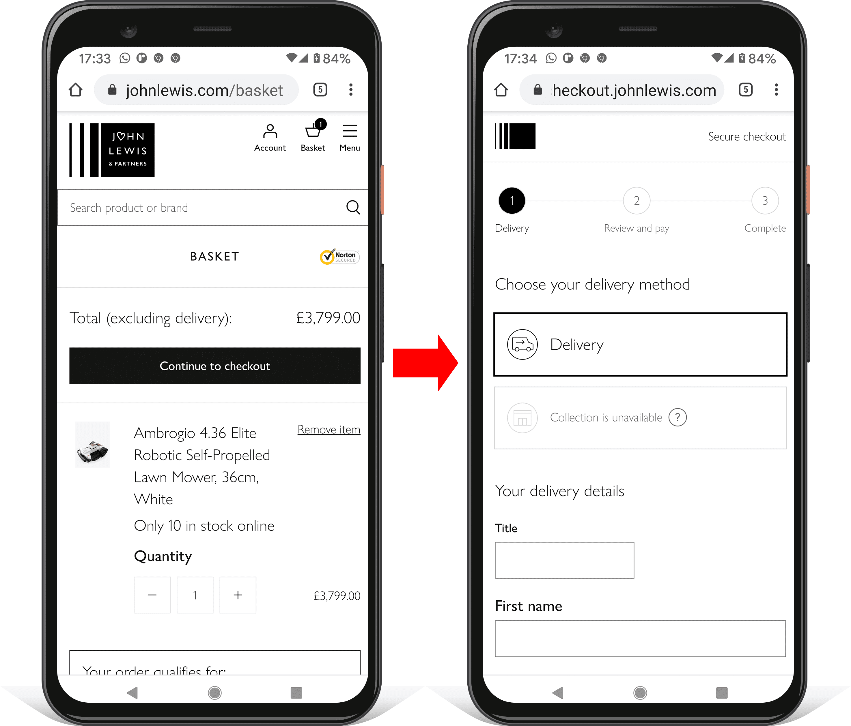 Duas capturas de tela em dispositivos móveis mostrando o progresso na finalização da compra em johnlewis.com. A pesquisa, a navegação e outras distrações são removidas.