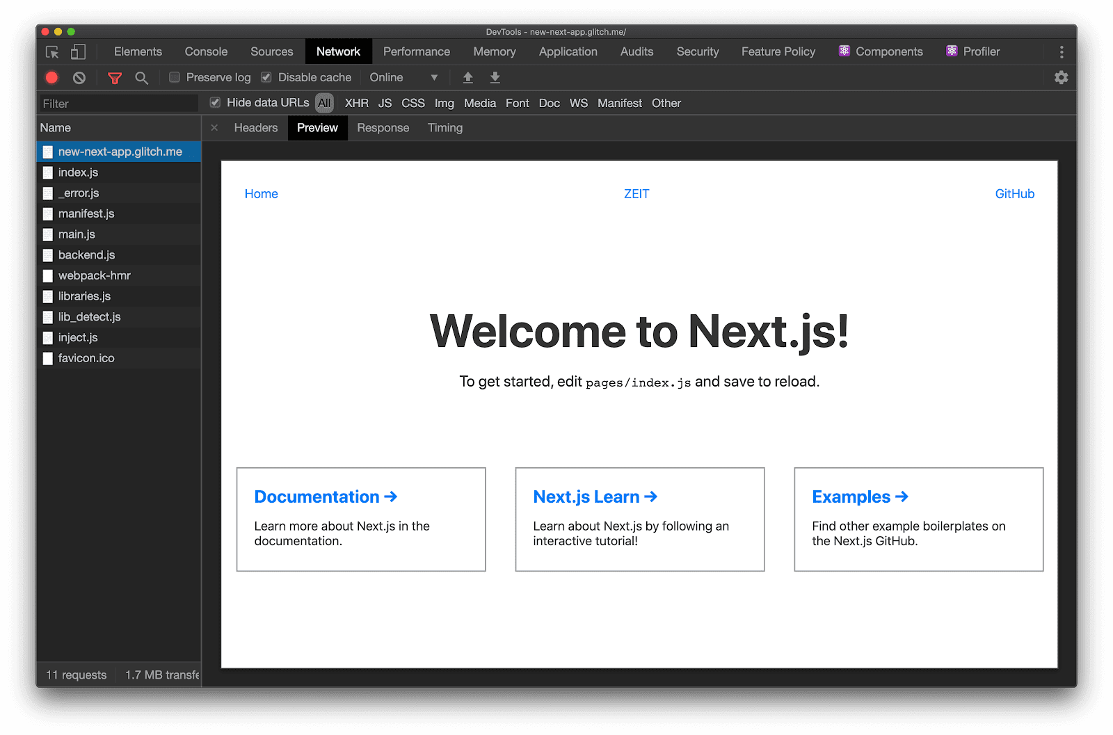 नेटवर्क पैनल के 'झलक' टैब से पता चलता है कि किसी पेज का अनुरोध करने पर, Next.js पूरी तरह से विज़ुअल एचटीएमएल दिखाता है.
